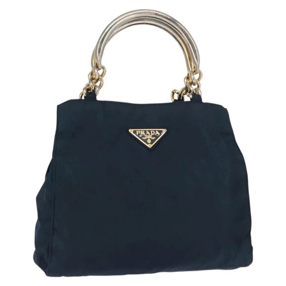 PRADA Hand Bag Nylon Blue Gold Auth
